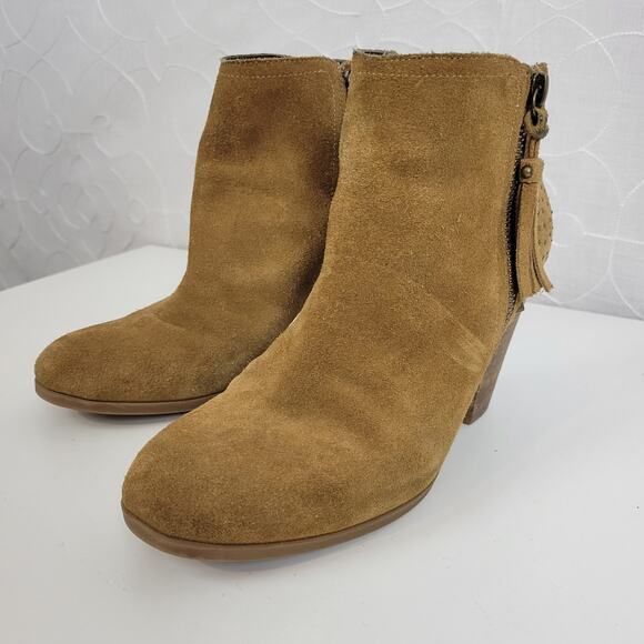 Guess Womens Boots Size 7.5 Tan Side Zip Almond Toe Studded Chucky Ankle Heel - Picture 5 of 12